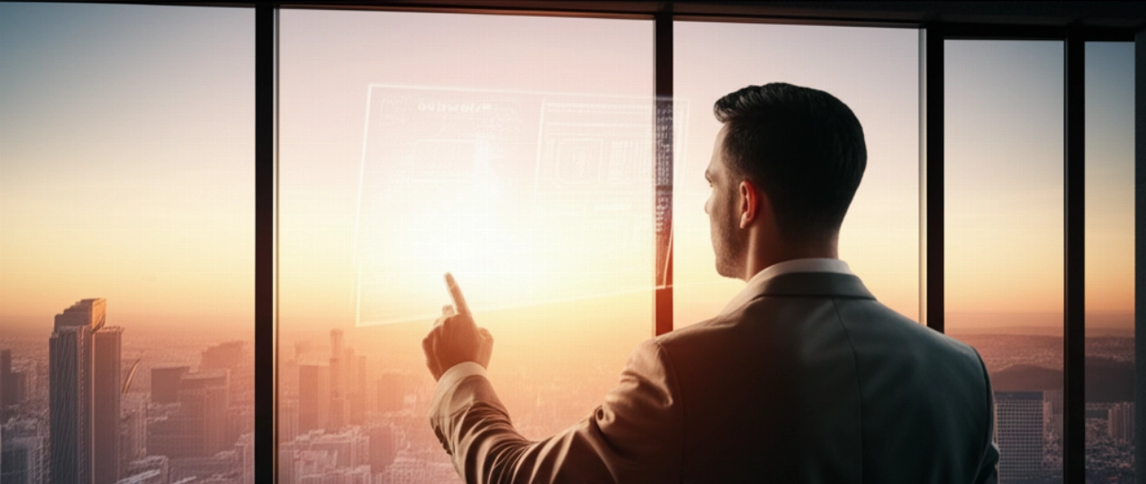Imprenditore caucasico in un ufficio moderno, guarda l'alba su una città in espansione, simboleggiando nuove opportunità di franchising.