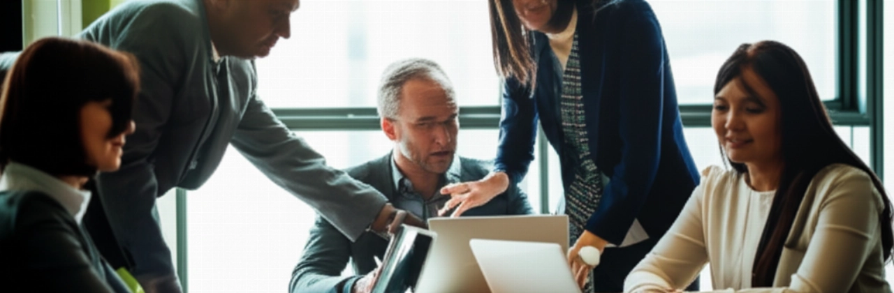 Gruppo di professionisti caucasici in una sala riunioni moderna, impegnati in una discussione collaborativa, rappresentando il supporto e la formazione nel franchising.