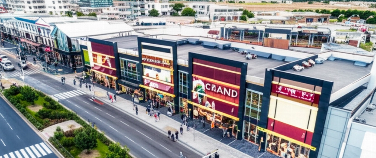 Vista aerea iperrealistica di un moderno locale in franchising vivace in un dinamico quartiere commerciale, che illustra il successo e la crescita dell'attività.