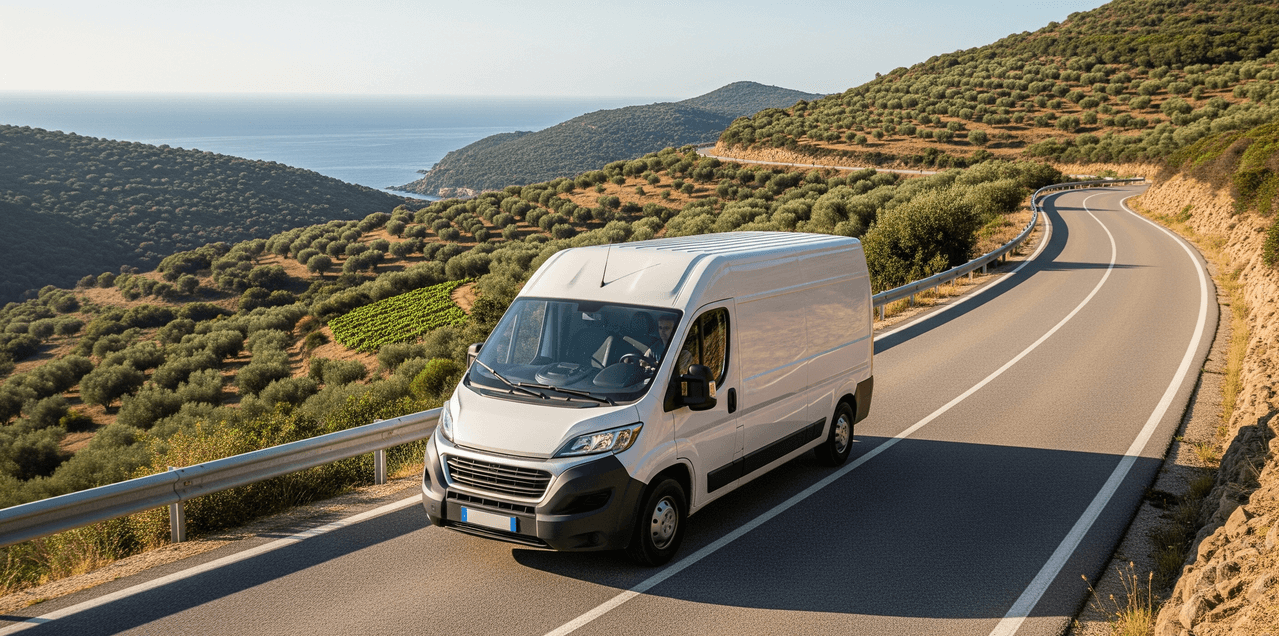 Moving company van driving on a scenic road in Sardinia
