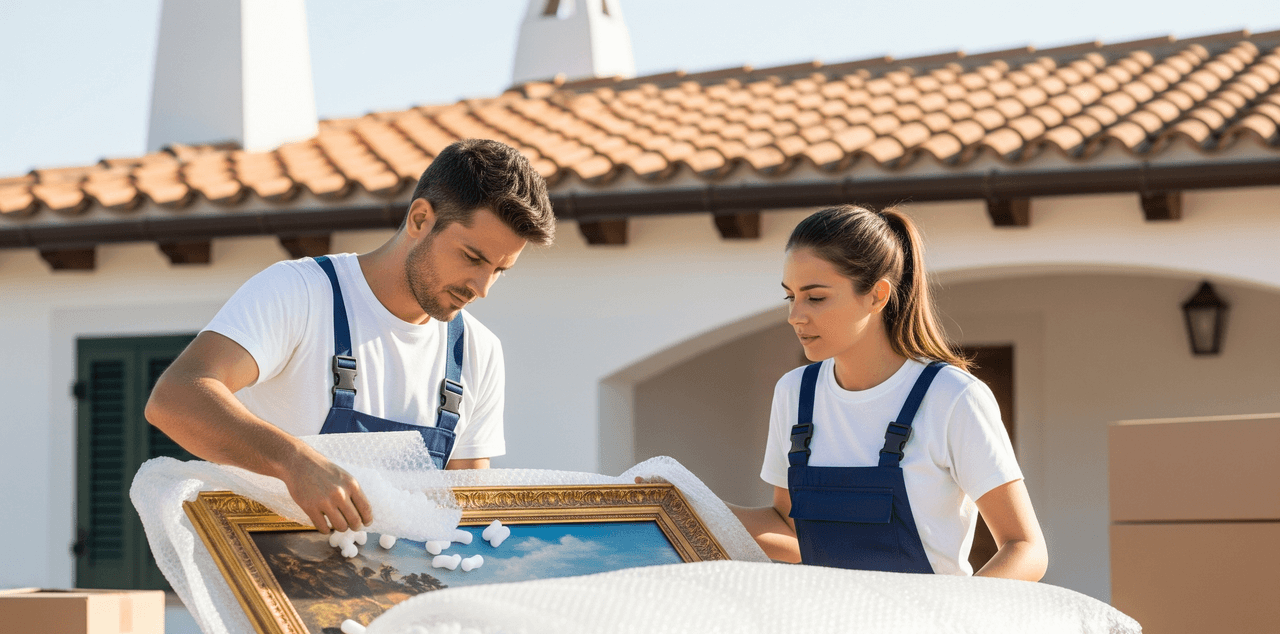 Professional movers carefully packing a valuable item in Sardinia
