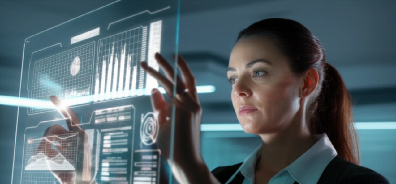 Una donna caucasica interagisce con un display olografico trasparente che mostra complesse visualizzazioni di dati.