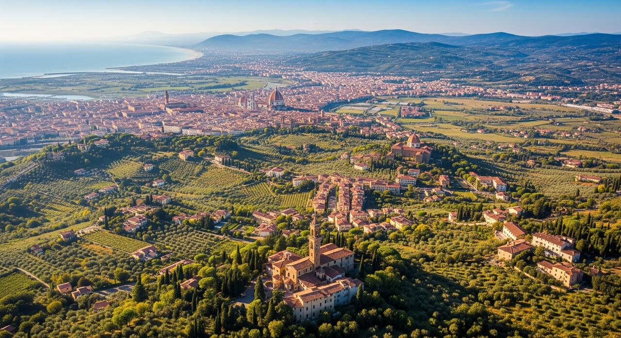 Mappa stilizzata della Toscana con percorsi di trasloco e punti di interesse