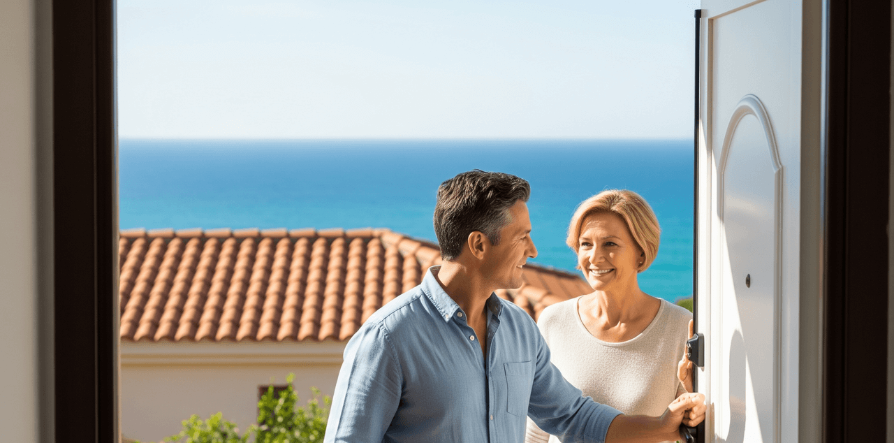 Happy couple entering their new home after a peaceful move in Sardinia