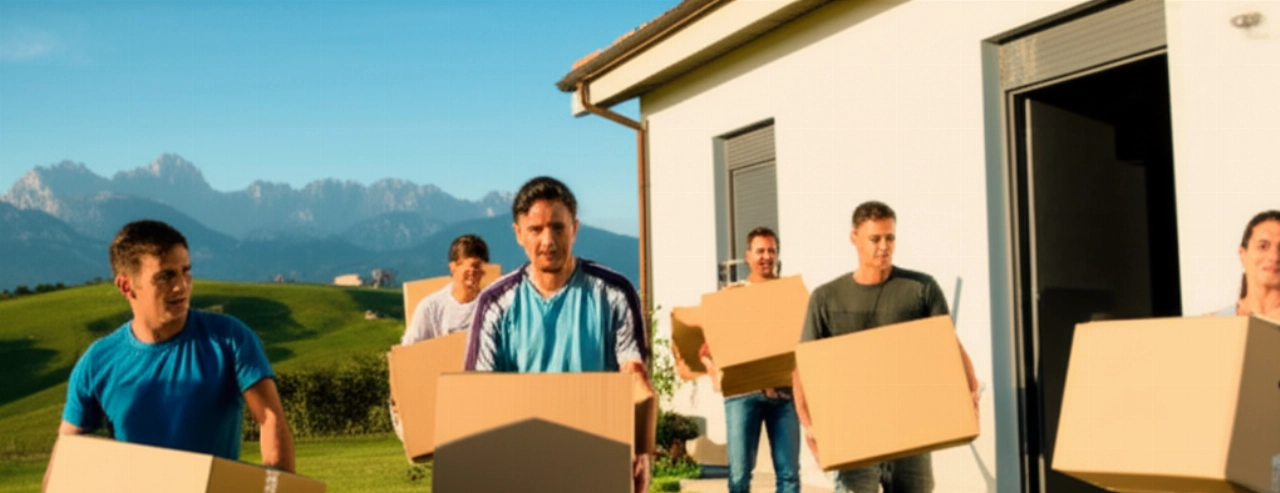 Scena iperrealistica di un trasloco efficiente in Abruzzo, con persone caucasiche che trasportano scatoloni in una casa moderna sullo sfondo di montagne e colline verdi.