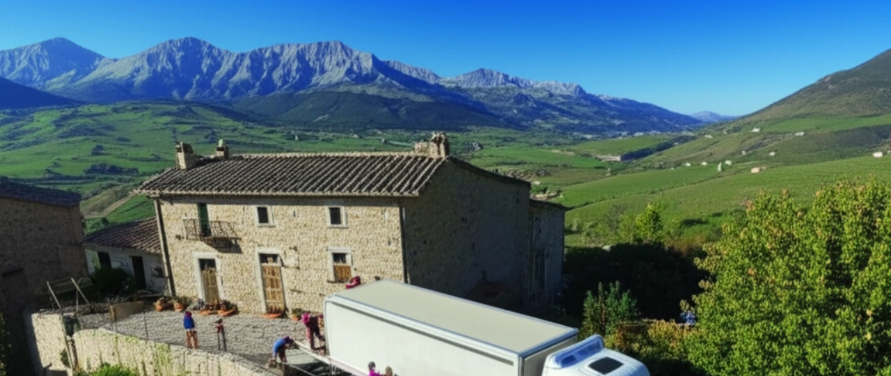 Vista aerea iperrealistica di un camion per traslochi (senza logo) parcheggiato davanti a una casa tradizionale in un villaggio abruzzese, con traslocatori caucasici all'opera e paesaggio montano circostante.