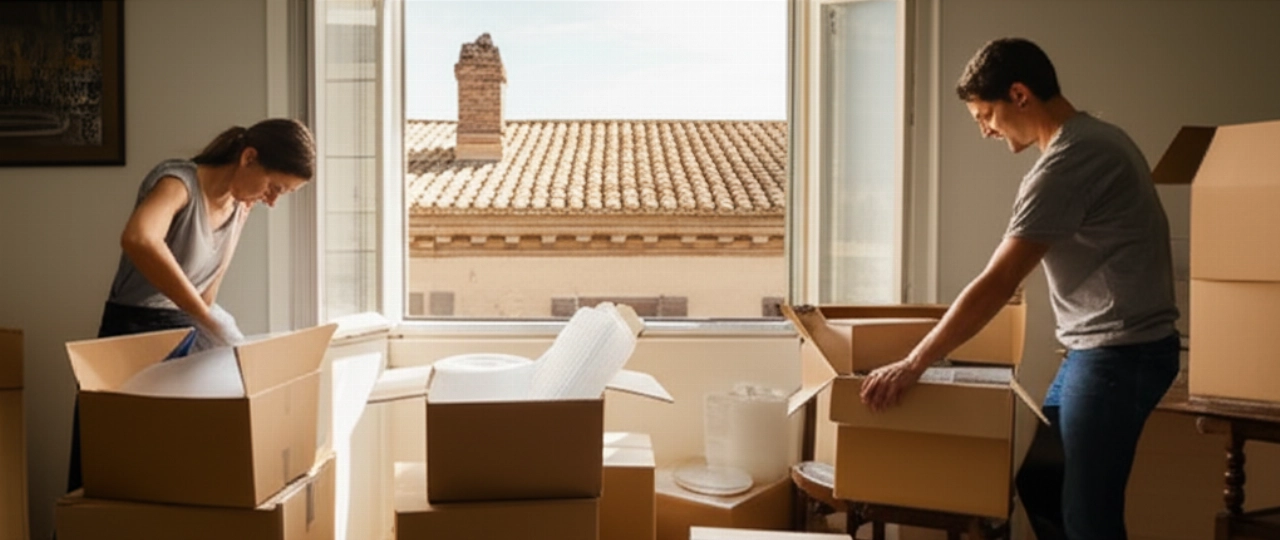 Interno di un appartamento luminoso ad Agrigento, con due persone caucasiche che imballano scatole per un trasloco. Si intravede l'architettura tipica siciliana dalla finestra.
