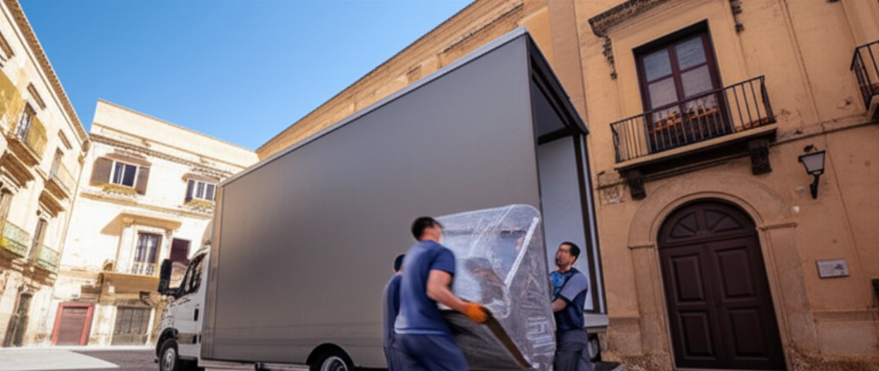 Un moderno camion per traslochi parcheggiato in una strada acciottolata di Agrigento, con due traslocatori caucasici che portano un mobile fuori da un edificio storico.