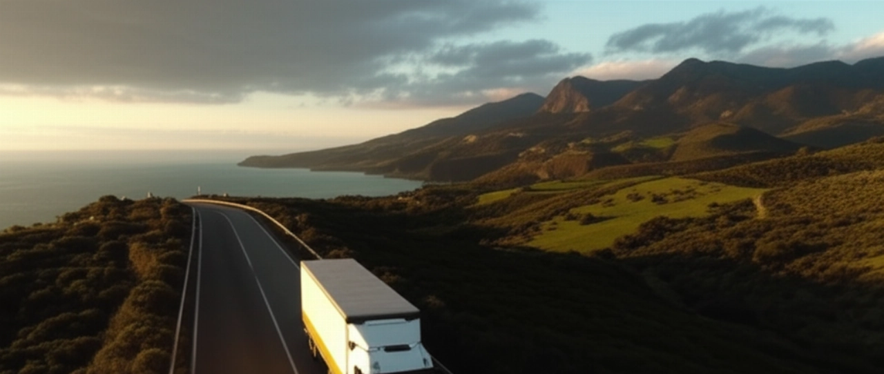 Vista aerea mozzafiato di un camion per traslochi che percorre una strada costiera vicino ad Agrigento, con il vasto paesaggio siciliano e il Mar Mediterraneo sullo sfondo.