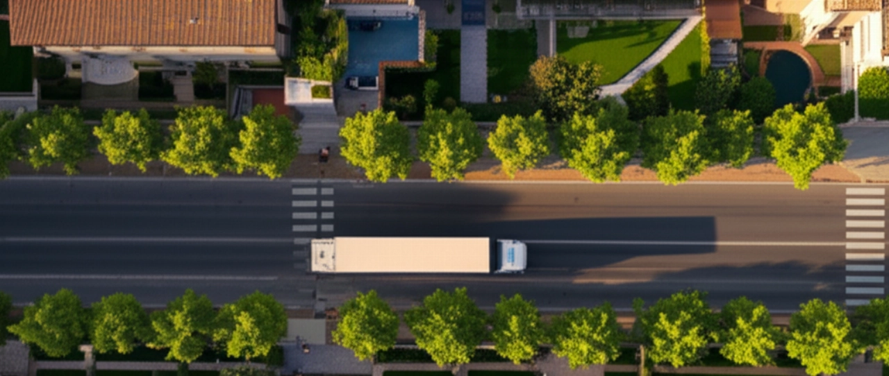 Vista aerea iperrealistica di un camion dei traslochi in una strada alberata ad Alessandria al tramonto.