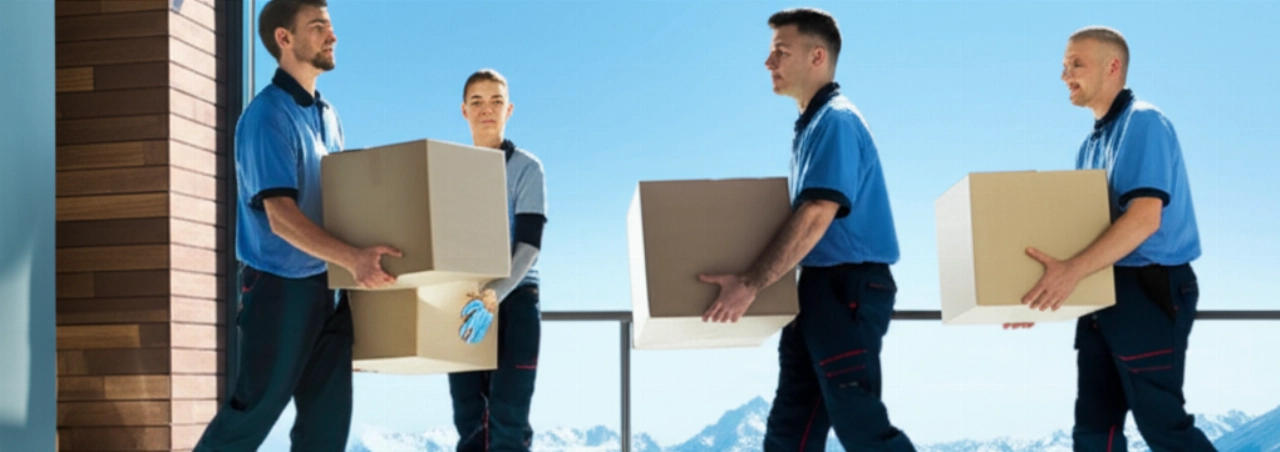 Traslocatori caucasici professionisti caricano scatoloni in un appartamento moderno ad Aosta, con le Alpi innevate sullo sfondo.