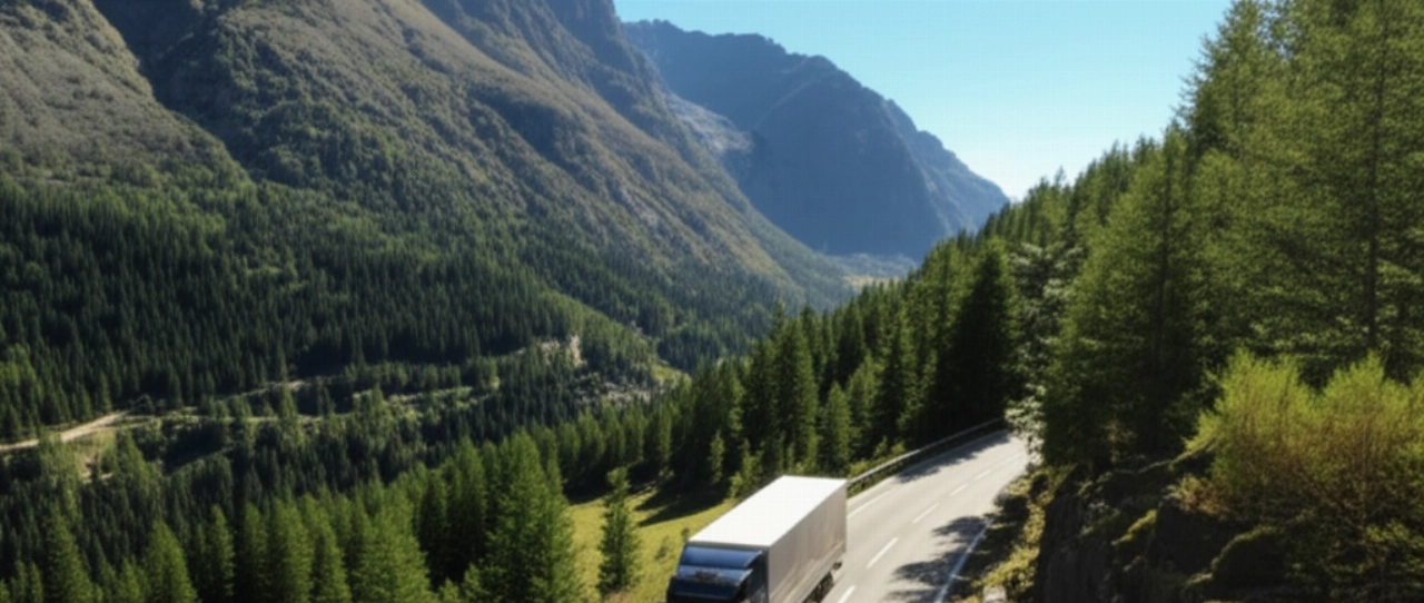 Vista aerea iperrealistica di un camion per traslochi che percorre una strada panoramica nella Valle d'Aosta, circondato da montagne e foreste.