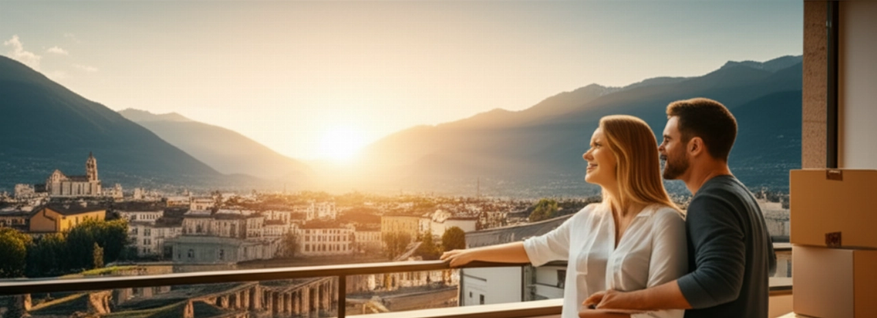 Coppia caucasica sorridente su un balcone di un nuovo appartamento ad Aosta, con vista aerea sulla città storica e le Alpi al tramonto.
