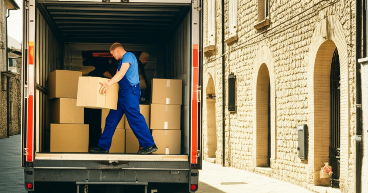 Due traslocatori professionisti caricano con cura un moderno camion in una strada assolata di una città italiana, con edifici storici sullo sfondo.