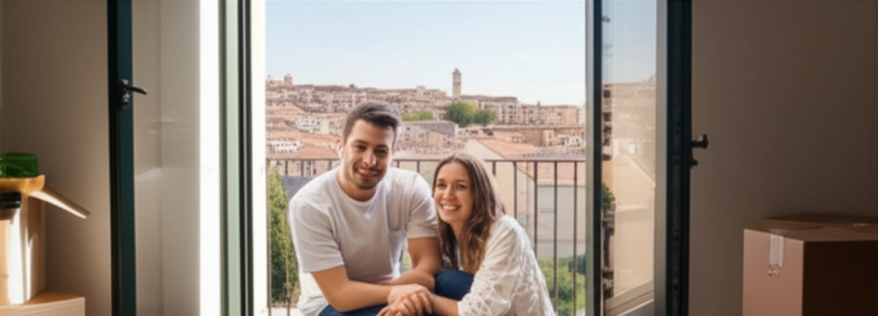 Una coppia caucasica sorridente in una nuova casa luminosa, circondata da scatoloni, con vista panoramica su una città italiana.