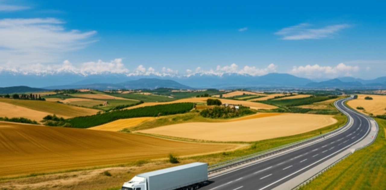 Camion per traslochi moderno che attraversa un paesaggio alpino e toscano, simboleggiando il viaggio Austria-Italia.