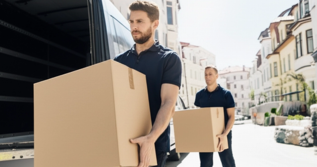 Traslocatori professionisti caucasici che caricano con cura scatoloni su un camion moderno, in un contesto urbano europeo.