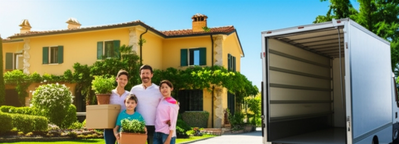 Felice famiglia caucasica davanti alla loro nuova villa italiana, con un camion per traslochi che simboleggia un nuovo inizio.