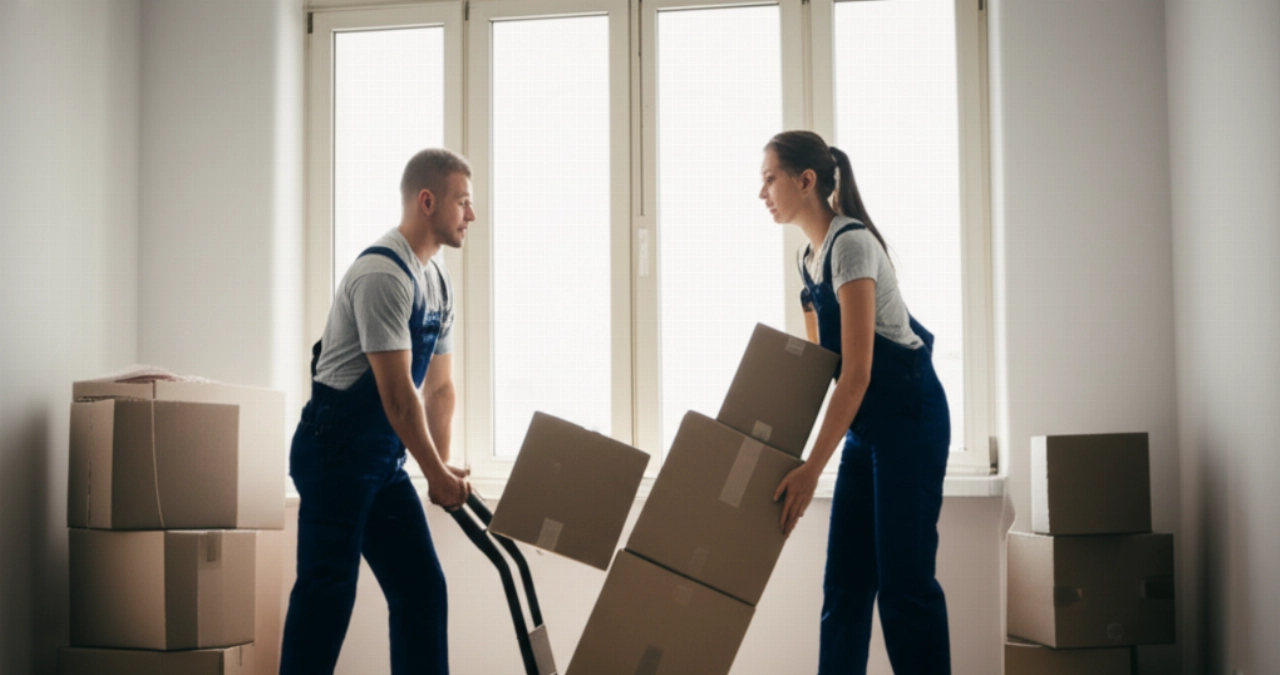 Traslocatori professionisti caucasici che imballano e caricano scatole in un appartamento luminoso a Bari, con luce solare che filtra dalle finestre.