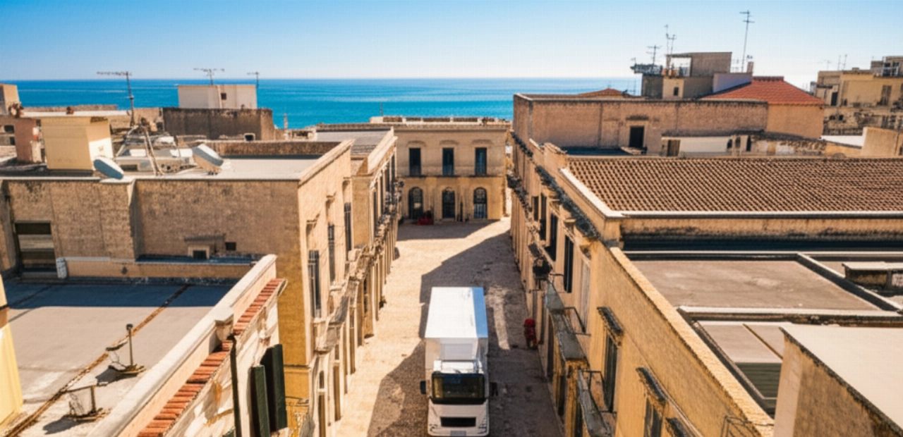 Vista aerea iperrealistica di un moderno camion per traslochi parcheggiato in una strada acciottolata nel centro storico di Bari, con il mare Adriatico sullo sfondo.