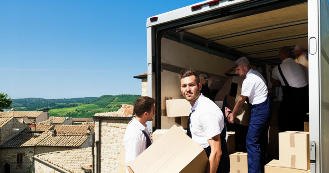 Traslocatori professionisti caricano scatole in un camion in un pittoresco villaggio della Basilicata.