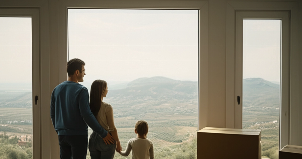 Famiglia felice in una nuova casa in Basilicata, con vista panoramica sul paesaggio.