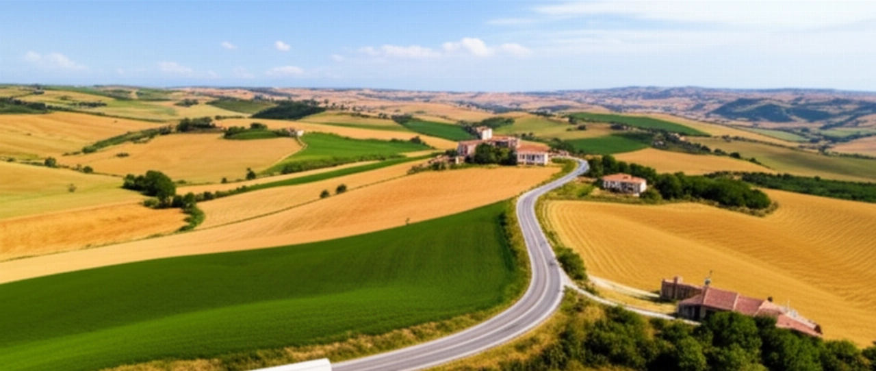 Vista aerea di un camion di traslochi su una strada panoramica nella campagna della Basilicata.