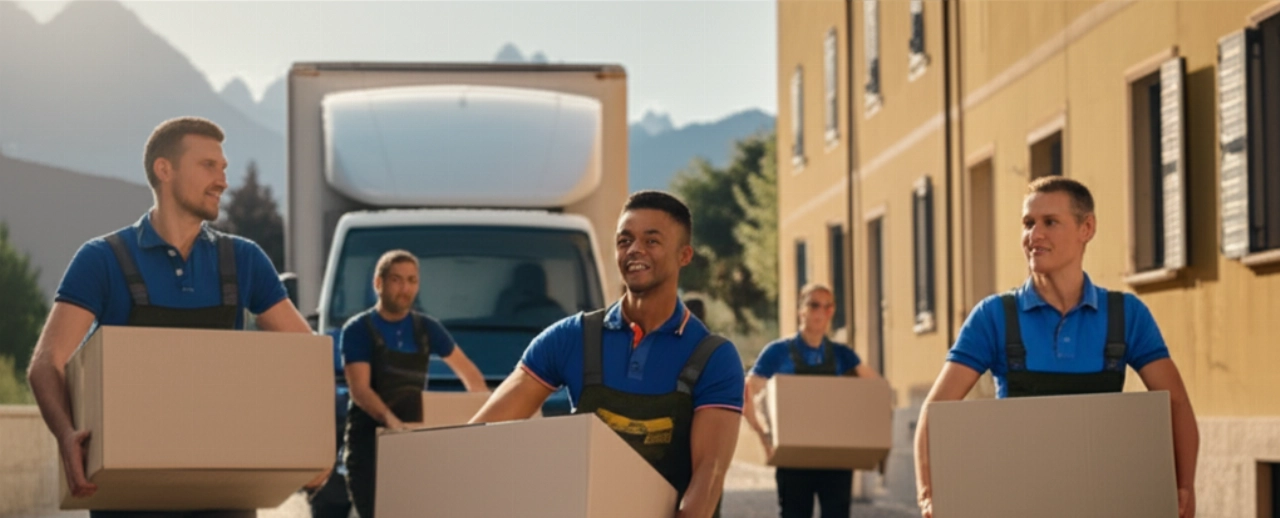 Équipe de déménageurs professionnels caucasiens chargeant des cartons d'une maison typique de Belluno sous le soleil de fin d'après-midi, avec les Dolomites en arrière-plan.