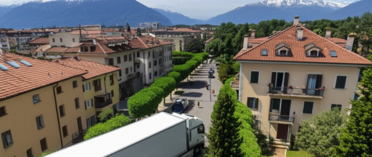 Vista aérea hiperrealista de un camión de mudanzas estacionado en una calle de Belluno, con operadores cargando y los Dolomitas al fondo.