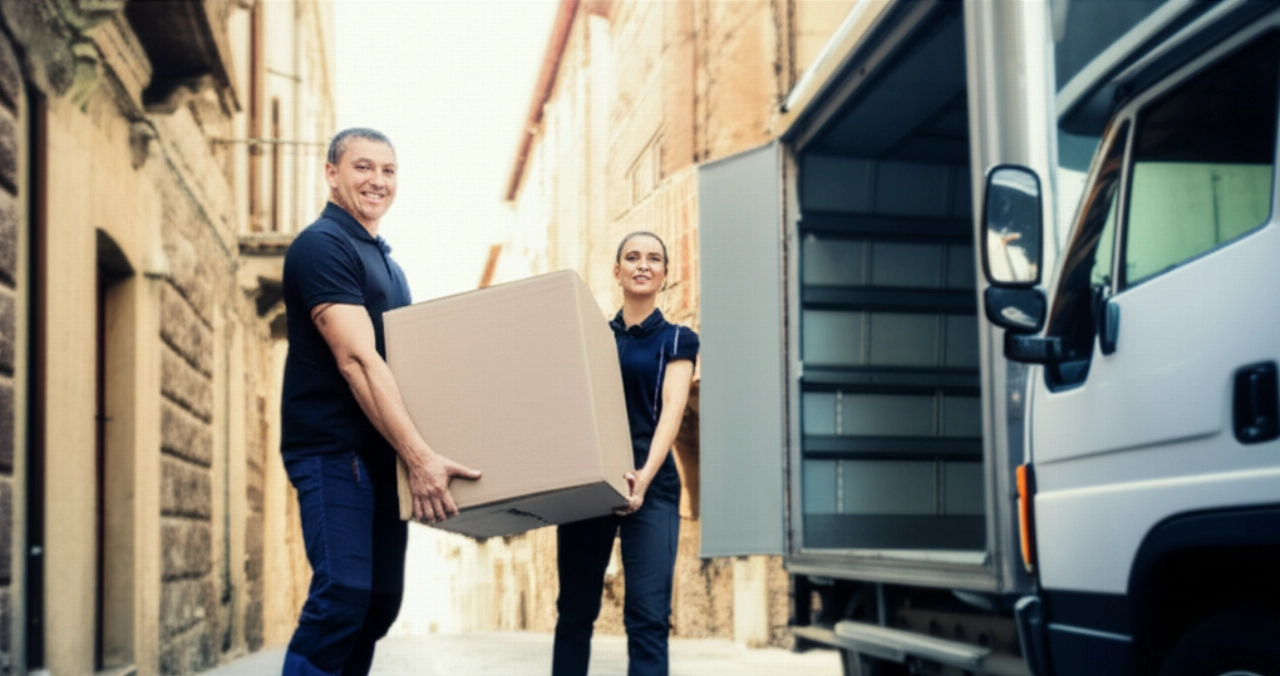 Due traslocatori professionisti caucasici che caricano scatole in un camion a Benevento, con edifici storici sullo sfondo.