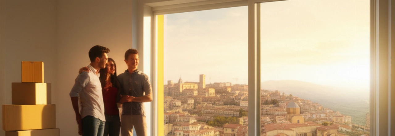 Famiglia caucasica felice in un nuovo appartamento a Benevento, con vista panoramica della città dalla finestra.