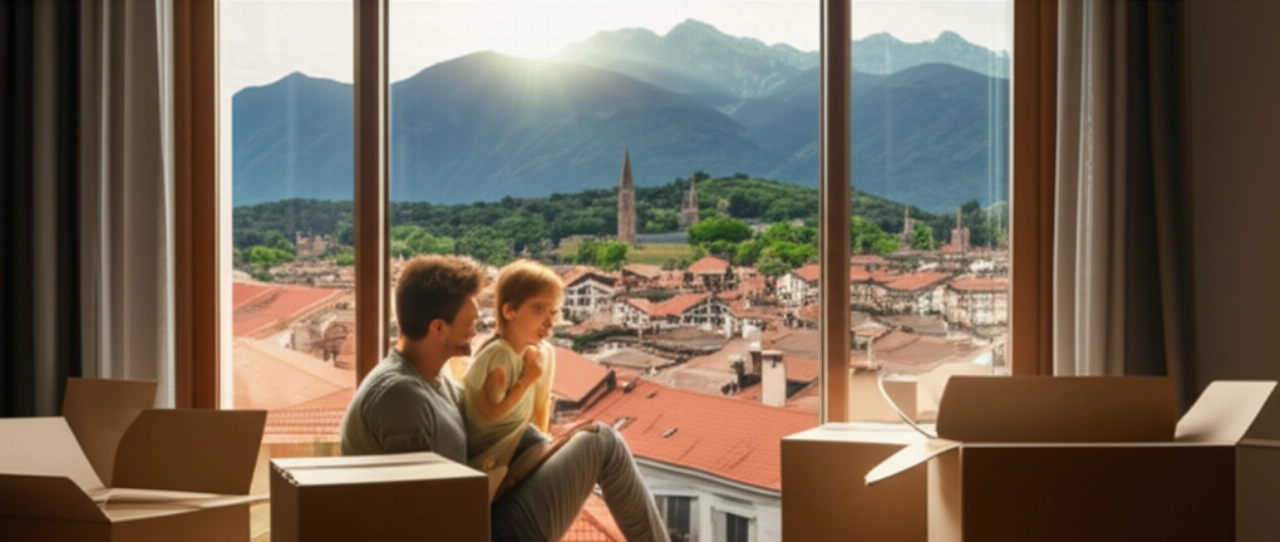 Famiglia caucasica felice in un nuovo appartamento a Bolzano, con vista panoramica sulla città e le Dolomiti.