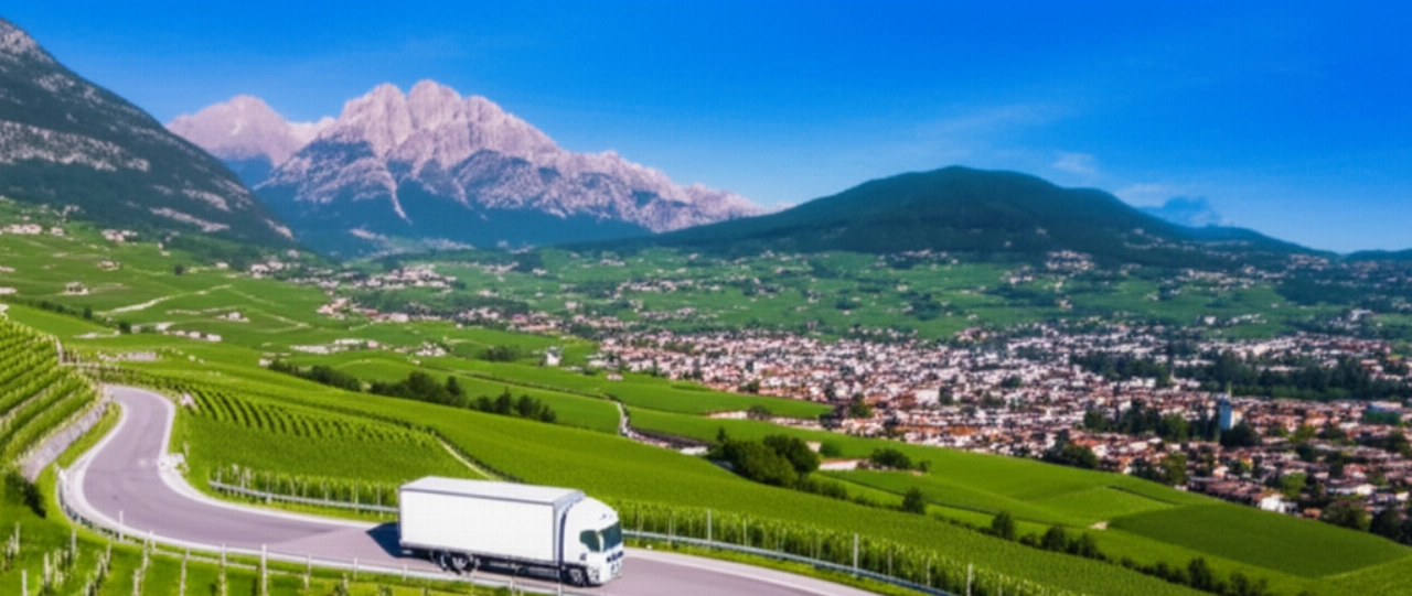 Veduta aerea iperrealistica di un camion per traslochi che attraversa il paesaggio di Bolzano, con le Dolomiti sullo sfondo.