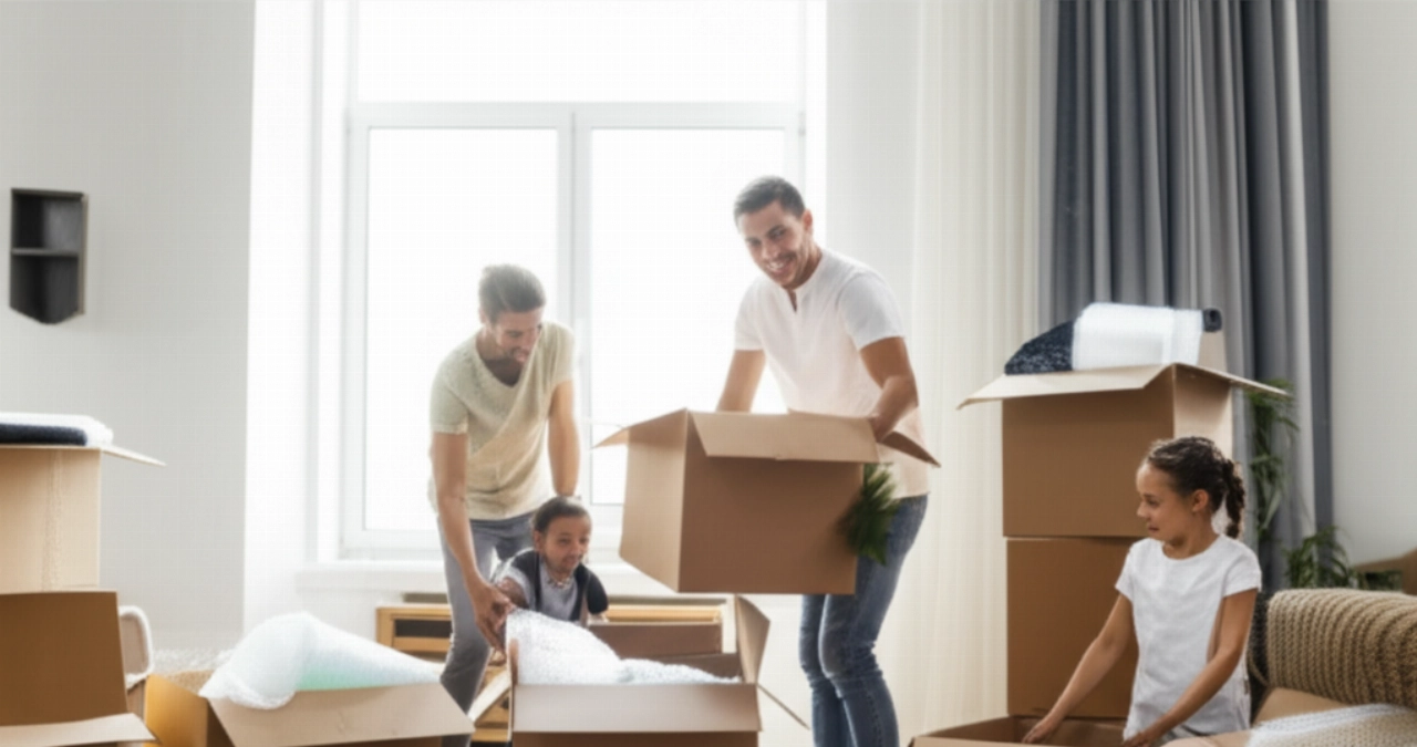 Famiglia caucasica felice che imballa scatole in un luminoso soggiorno, simbolo di un trasloco efficiente e sereno a Brindisi.