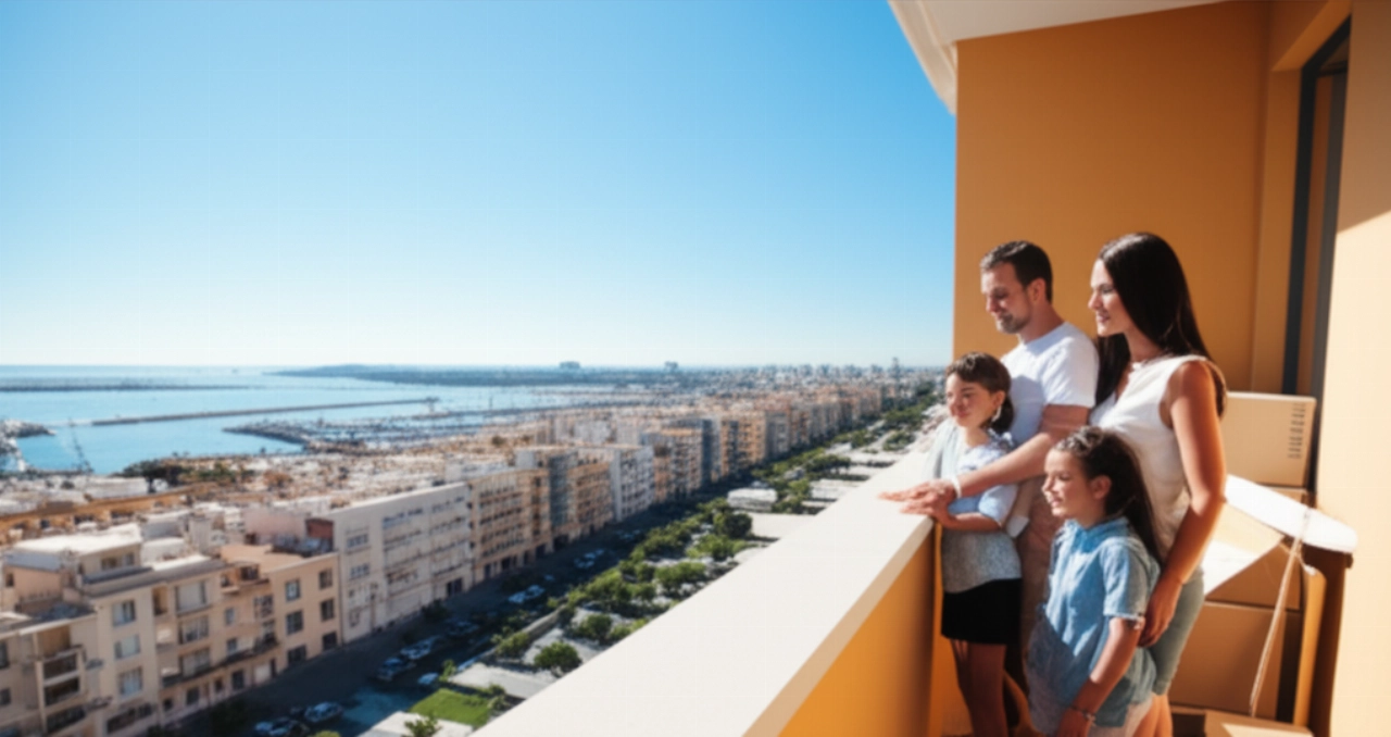 Famiglia caucasica felice sul balcone del nuovo appartamento a Brindisi, godendosi una vista panoramica della città e del porto dopo un trasloco riuscito.