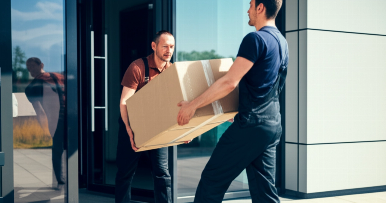 Traslocatori professionisti caucasici trasportano con cura una scatola da un appartamento moderno, enfatizzando efficienza e attenzione.