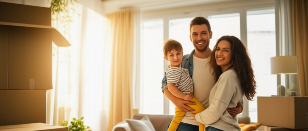 Famiglia caucasica felice in un nuovo soggiorno parzialmente disimballato, con scatole e mobili, che esprime un nuovo inizio.