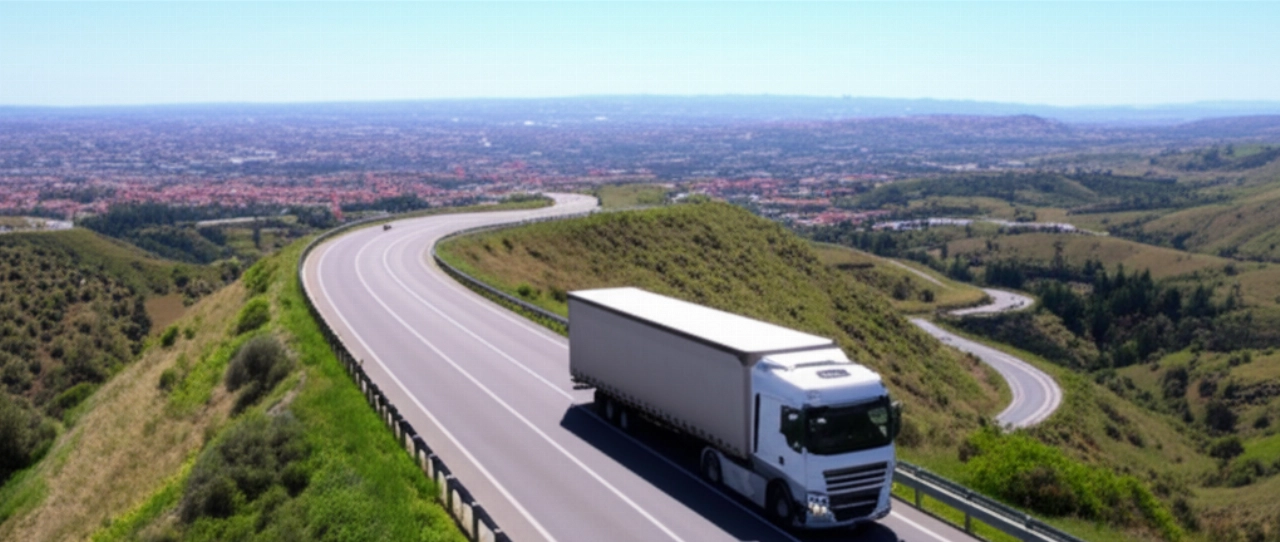 Vista aerea iperrealistica di un camion per traslochi su una strada panoramica, con Caltanissetta sullo sfondo, che simbolezza il viaggio.