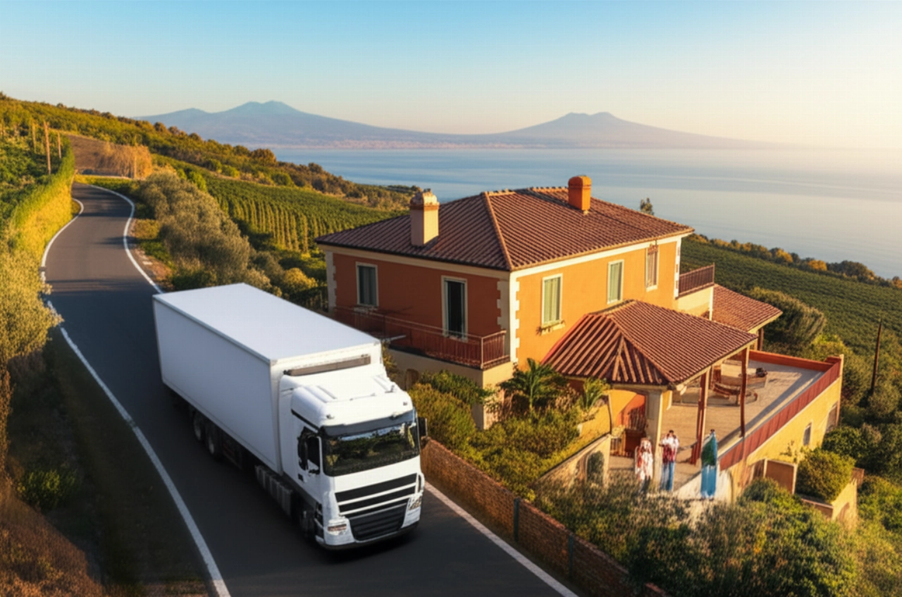 Vista aerea di un camion di traslochi che arriva a una villa in Campania, con il Vesuvio e il mare sullo sfondo.