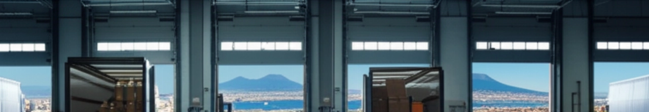 Operazione di trasloco professionale in un magazzino, con vista panoramica aerea di Napoli e del Vesuvio sullo sfondo.