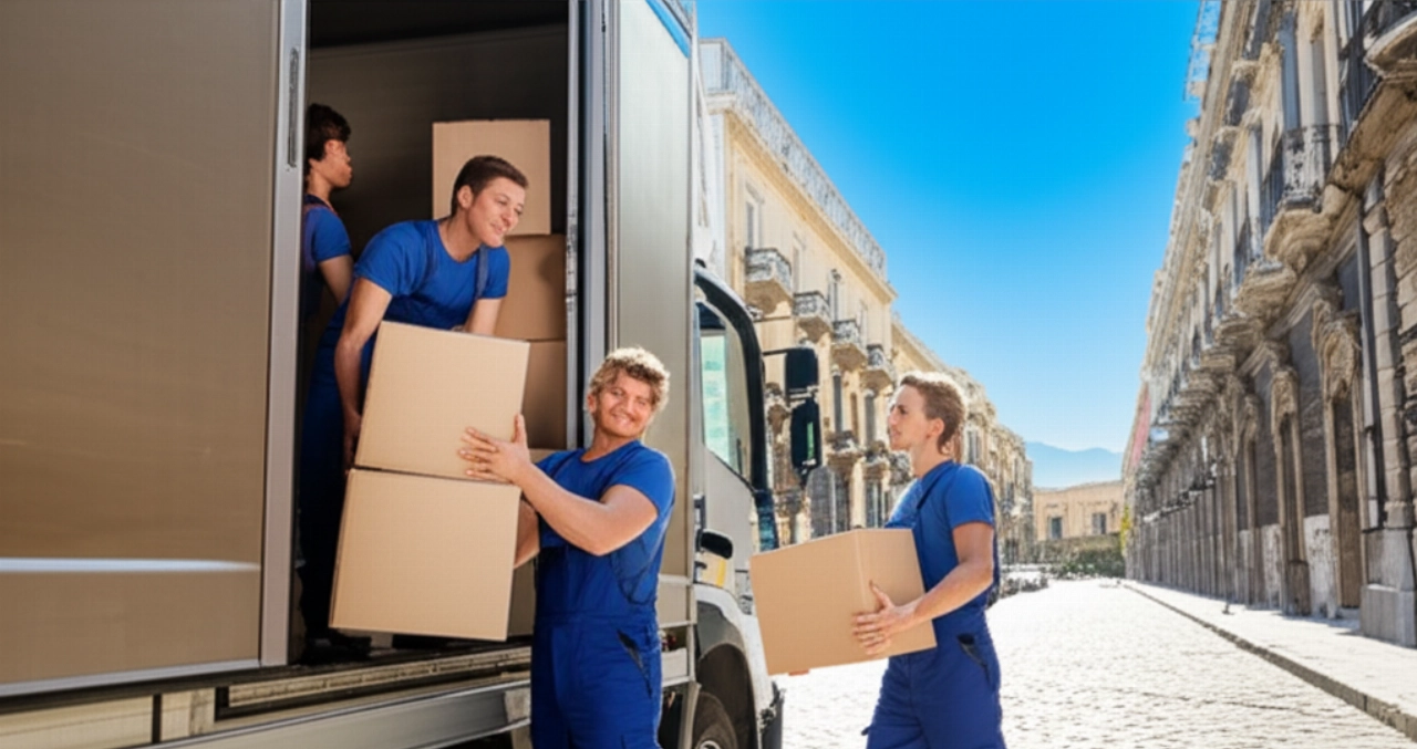 Squadra di traslocatori professionisti che caricano scatole in un camion a Catania, con l'Etna sullo sfondo, in una giornata di sole.
