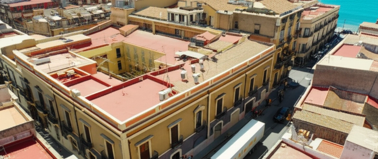Vista aerea iperrealistica di un camion di traslochi in una strada residenziale di Catania, che mostra l'efficienza delle operazioni.