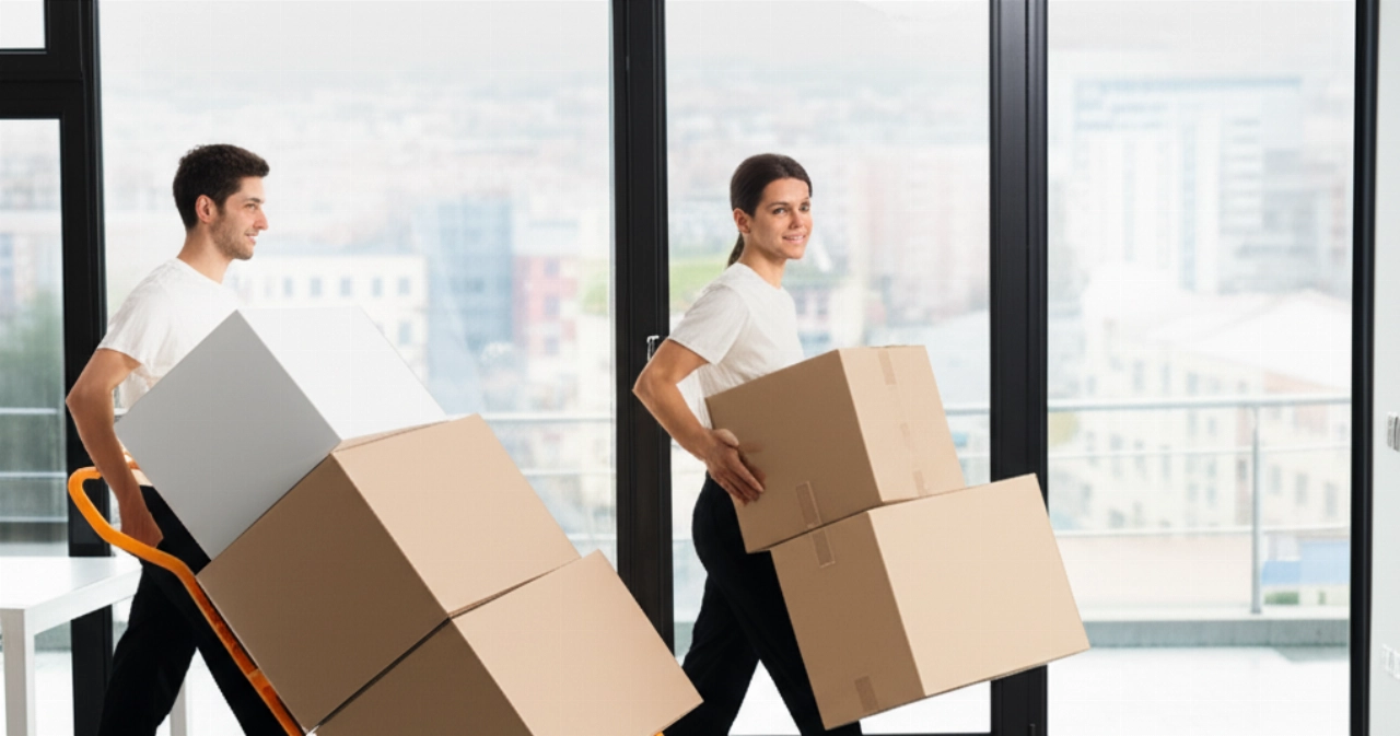 Image hyperréaliste de déménageurs professionnels caucasiens chargeant soigneusement des cartons et des meubles légers dans un appartement moderne et lumineux, avec une vue urbaine floue en arrière-plan, évoquant efficacité et soin.