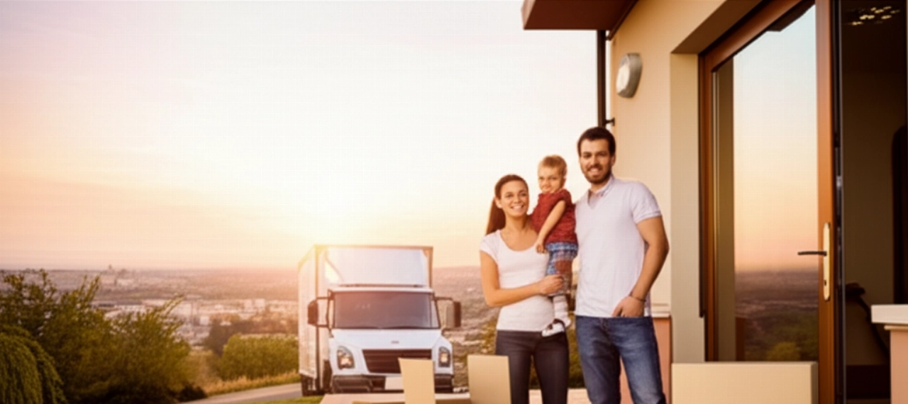 Hyperrealistisches Bild einer glücklichen kaukasischen Familie vor ihrem neuen Zuhause in Chieti, mit Panoramablick auf die Stadt und die Abruzzen-Hügel bei Sonnenuntergang, symbolisiert einen Neuanfang.