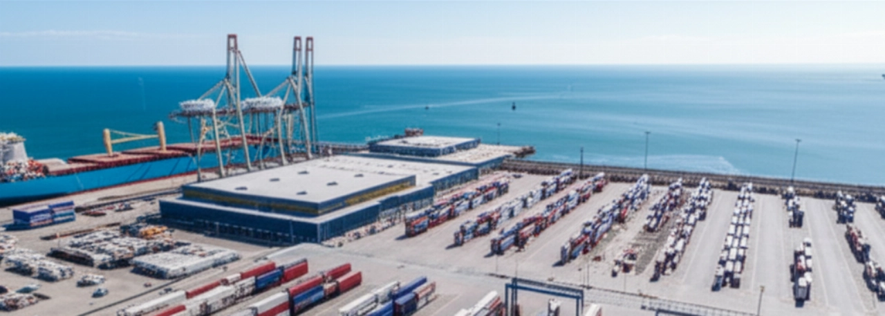 Vista aerea iperrealistica di un grande hub logistico con camion e container, e una nave cargo in porto, che simboleggia i trasporti internazionali.