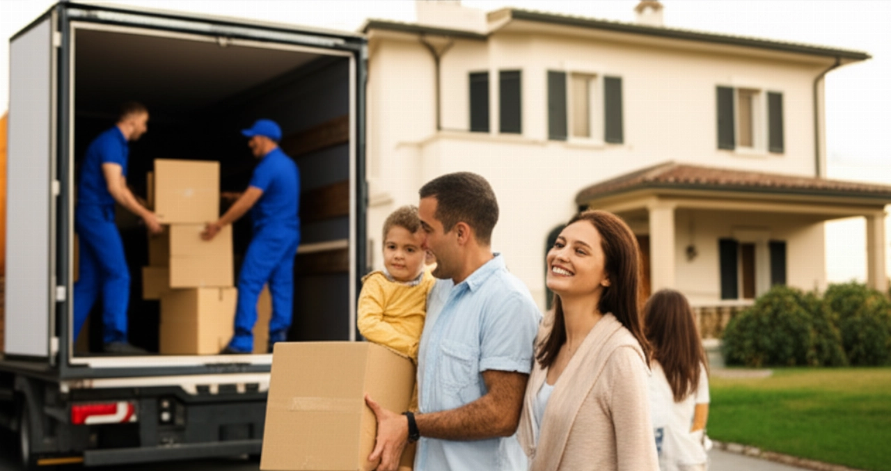 Famiglia caucasica sorridente mentre traslocatori professionisti scaricano scatole da un camion, in una villa luminosa dell'Emilia Romagna.