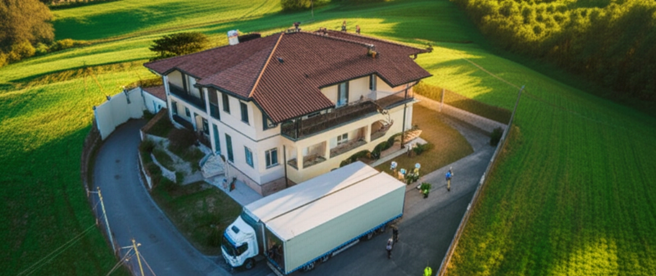 Vista aerea di un camion per traslochi parcheggiato davanti a una casa residenziale moderna, immersa nel paesaggio collinare dell'Emilia Romagna al tramonto.