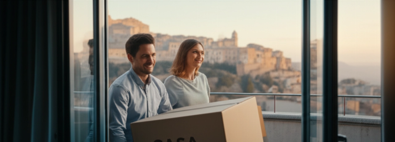 Coppia caucasica che trasloca con vista panoramica di Enna dalla finestra.