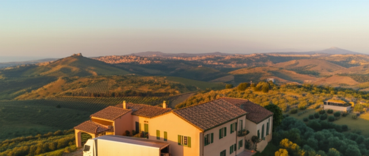 Vista aerea iperrealistica di un camion di traslochi presso una villa siciliana vicino a Enna.