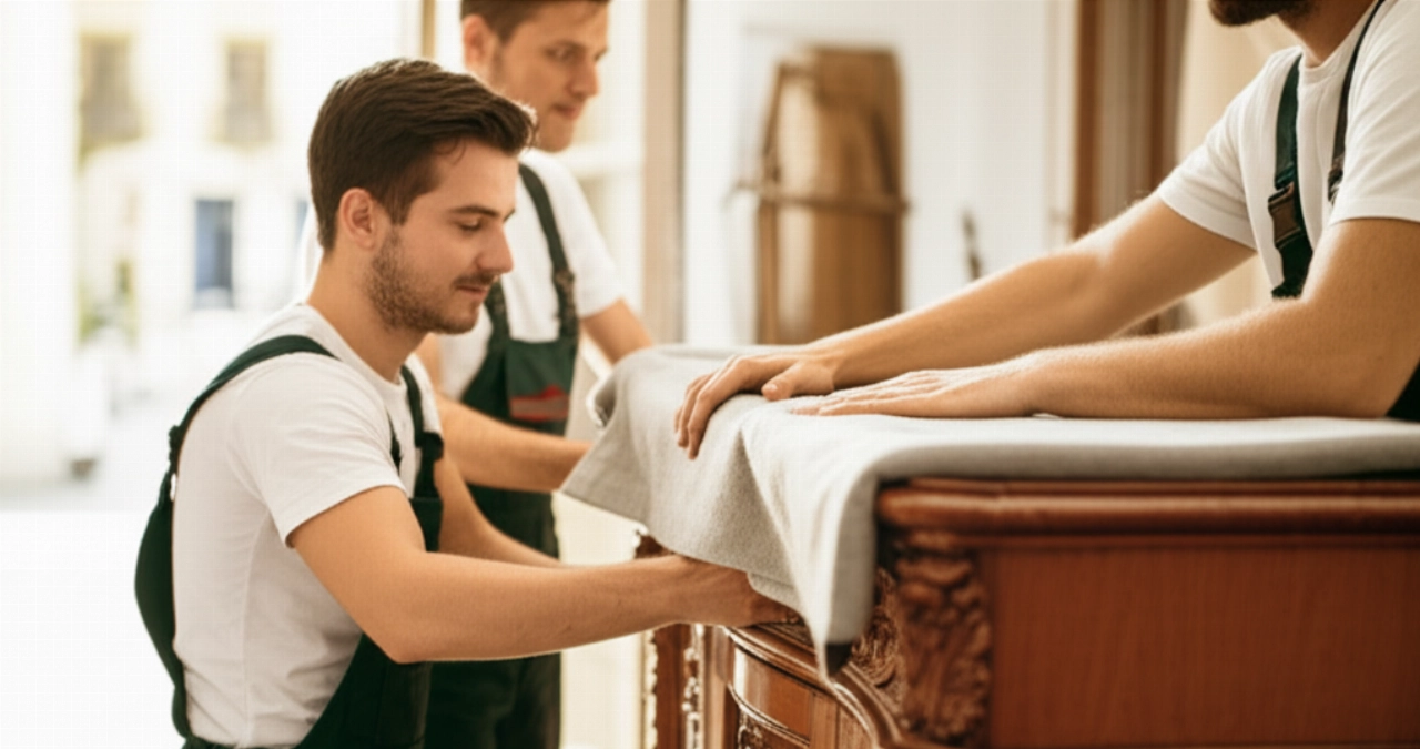 Traslocatori caucasici professionisti che imballano con cura un mobile antico.